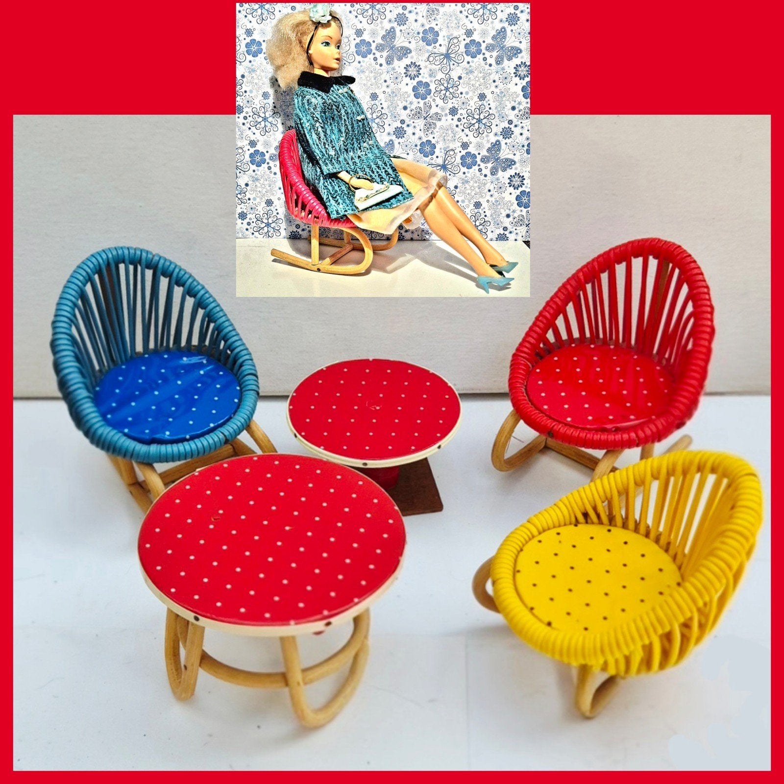 Vintage poppenhuis of Barbie meubels rieten tuinset jaren 50, Ophalen of Verzenden, Gebruikt, Gebruiksvoorwerp