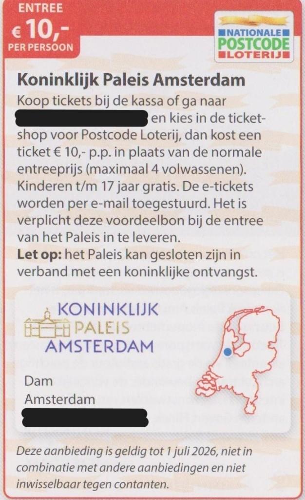 Koninklijk Paleis Amsterdam entree € 10,- p.p. Postcode bon., Tickets en Kaartjes, Drie personen of meer, Kortingskaart