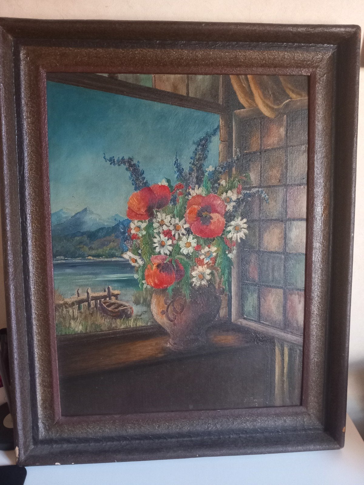 Olieverfschilderij Bloemen en Landschap, gesigneerd 1943, Antiek en Kunst, Kunst | Schilderijen | Klassiek, Ophalen