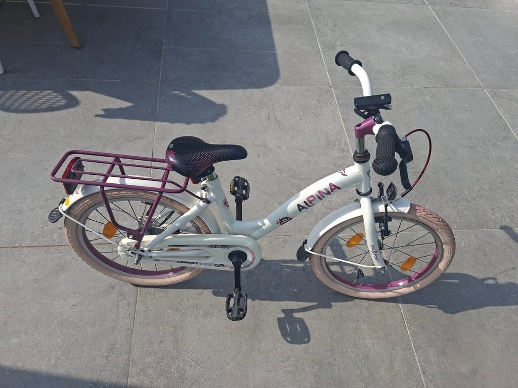 Alpina kinderfiets 18 inch - Wit/Paars, Ophalen, Terugtraprem, Alpina, 16 tot 20 inch