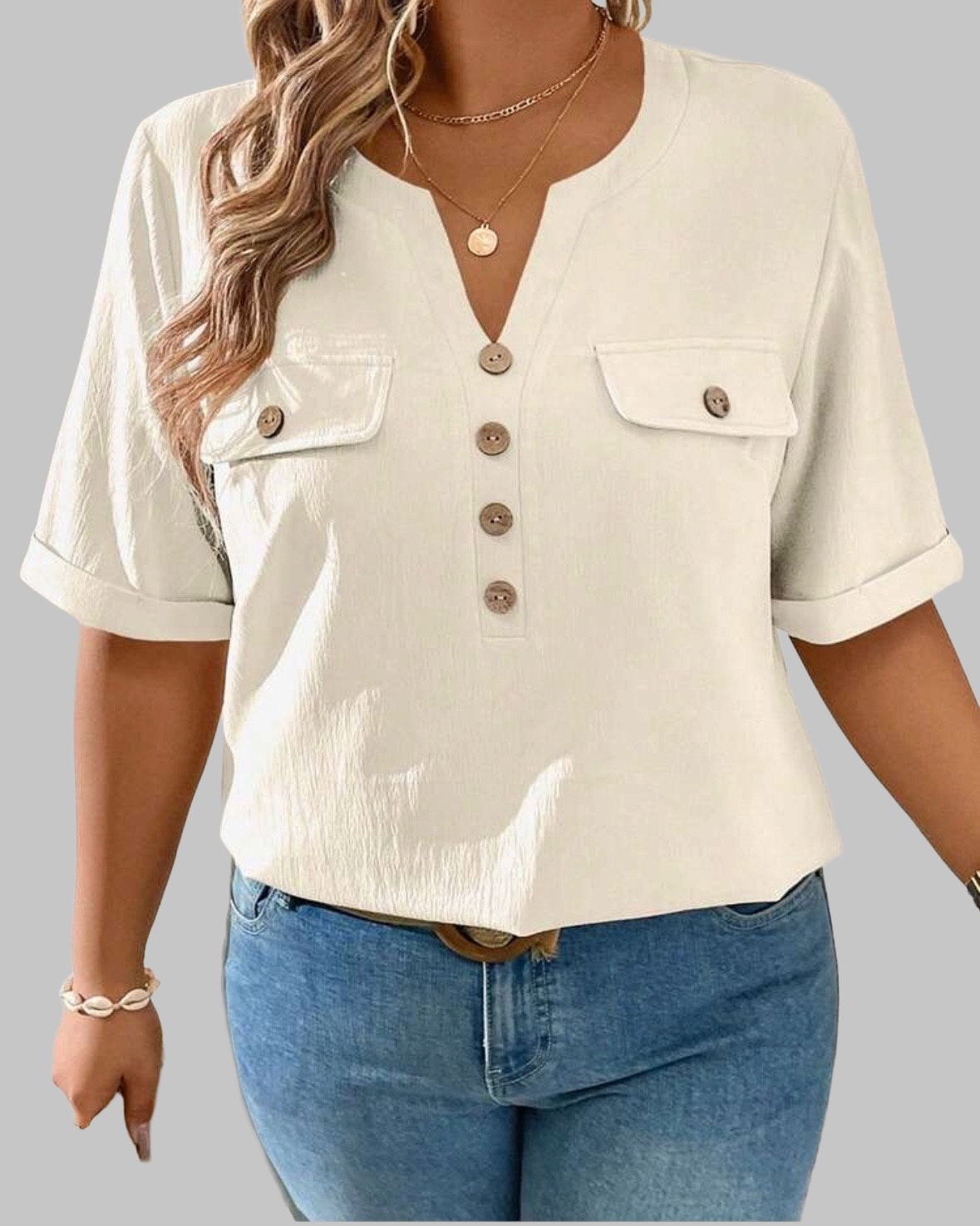 Crèmekleurige Blouse met Zakken (44-52), Kleding | Dames, Grote Maten, Verzenden, Nieuw, Overige kleuren, Blouse of Tuniek