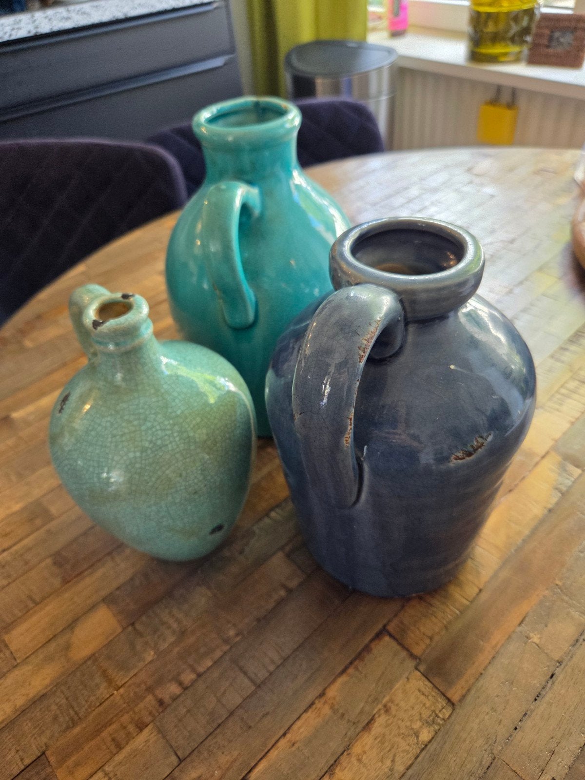 Set van 3 kruiken in blauw en groen, Ophalen, Gebruikt, Meerkleurig, Met patroon/structuur