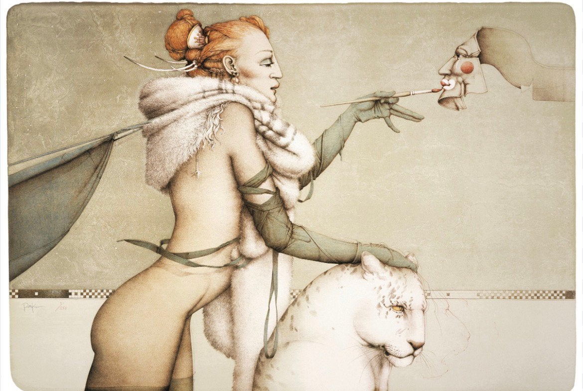 Bijzondere litho Michael Parkes met vrouw en panter, Antiek en Kunst, Ophalen, Surrealisme, Print, Overige onderwerpen