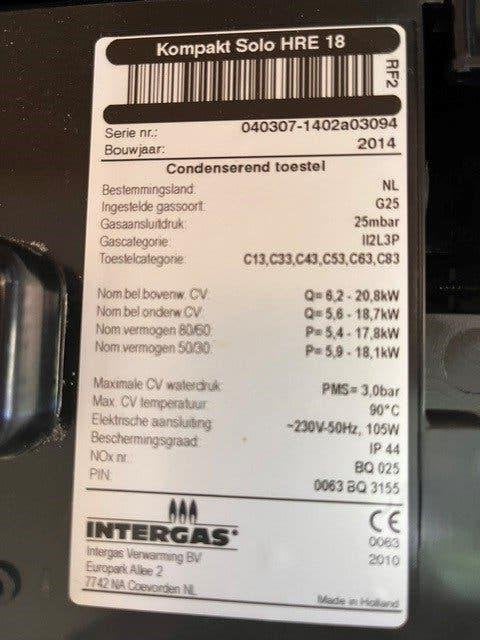 CV Ketel Intergas Kompakt Solo HRE 18, Ophalen, 30 tot 80 cm, Gebruikt, Cv-ketel of Combi-ketel