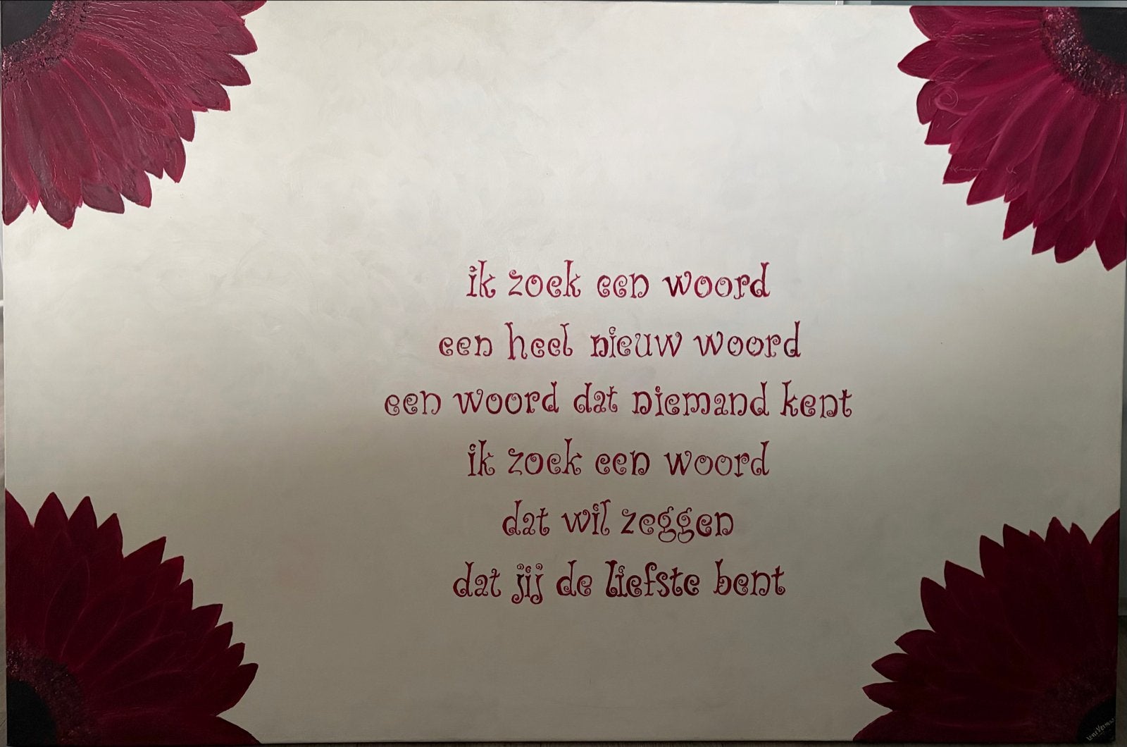 Schilderij met gerbera's en gedicht - 120 x 80 cm, Bloemen, Acrylverf, Overige stijlen, Doek