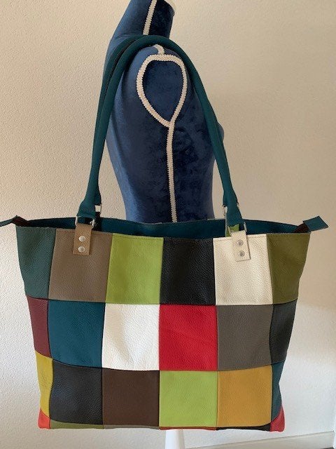 handgemaakte leren lapjestas patchwork shopper schoudertas, Overige merken, Overige kleuren, Nieuw, Ophalen of Verzenden