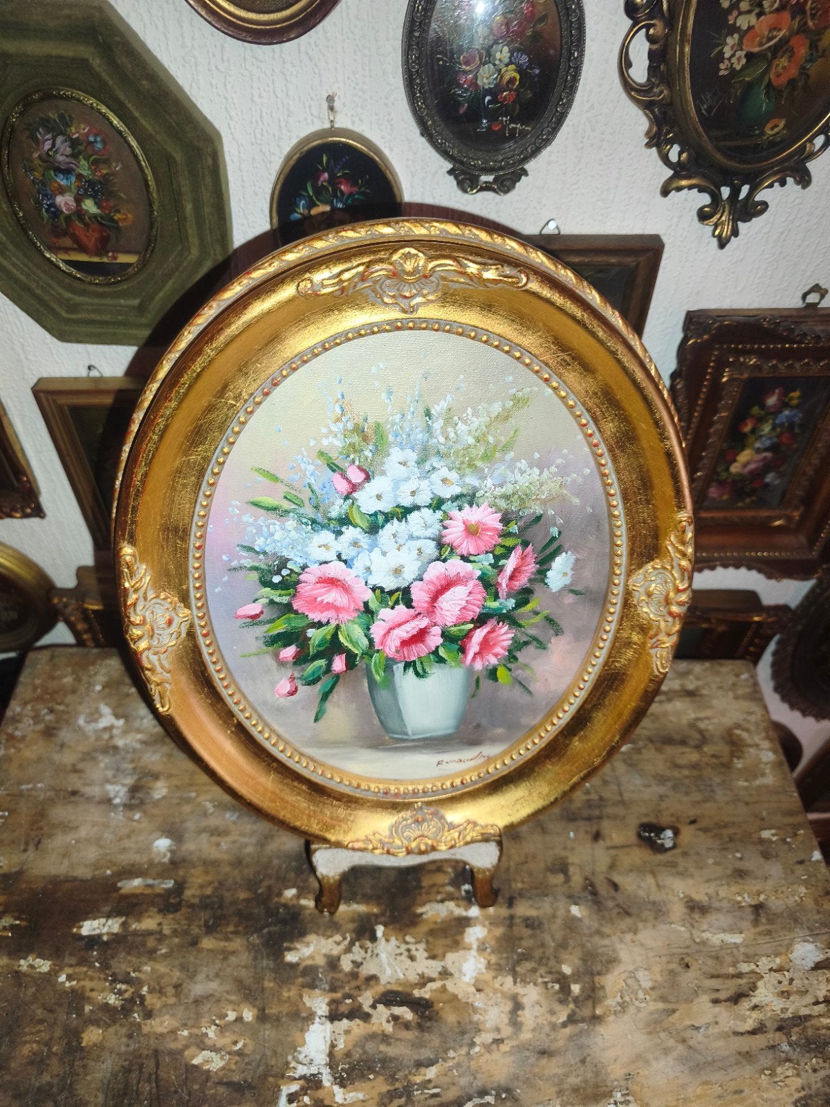 oud schilderijtje schilderij lijst stilleven bloemen Y7, Ophalen of Verzenden