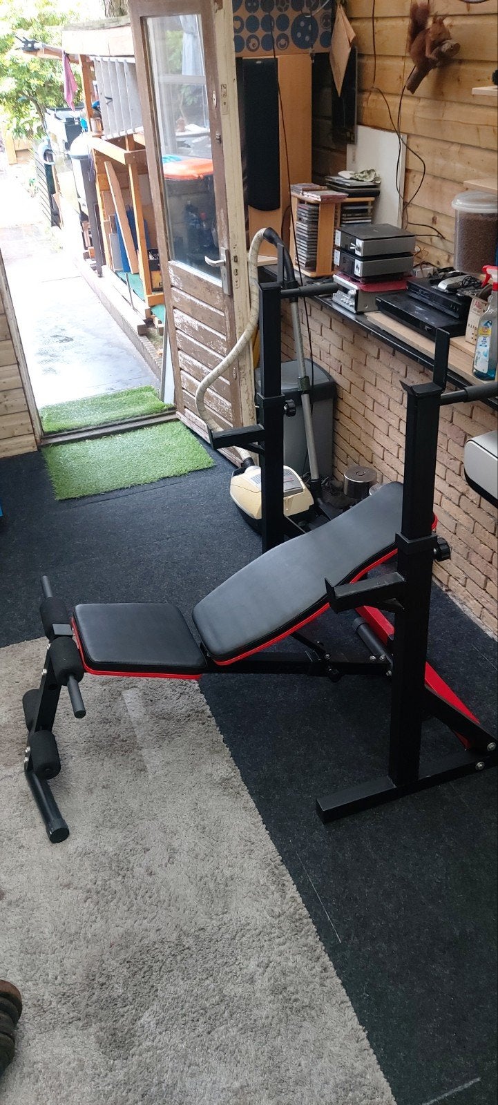 Tk halterbank+squatrek/halterrek/+2schijven torens 150 euro, Ophalen, Gebruikt, Benen, Fitnessbank