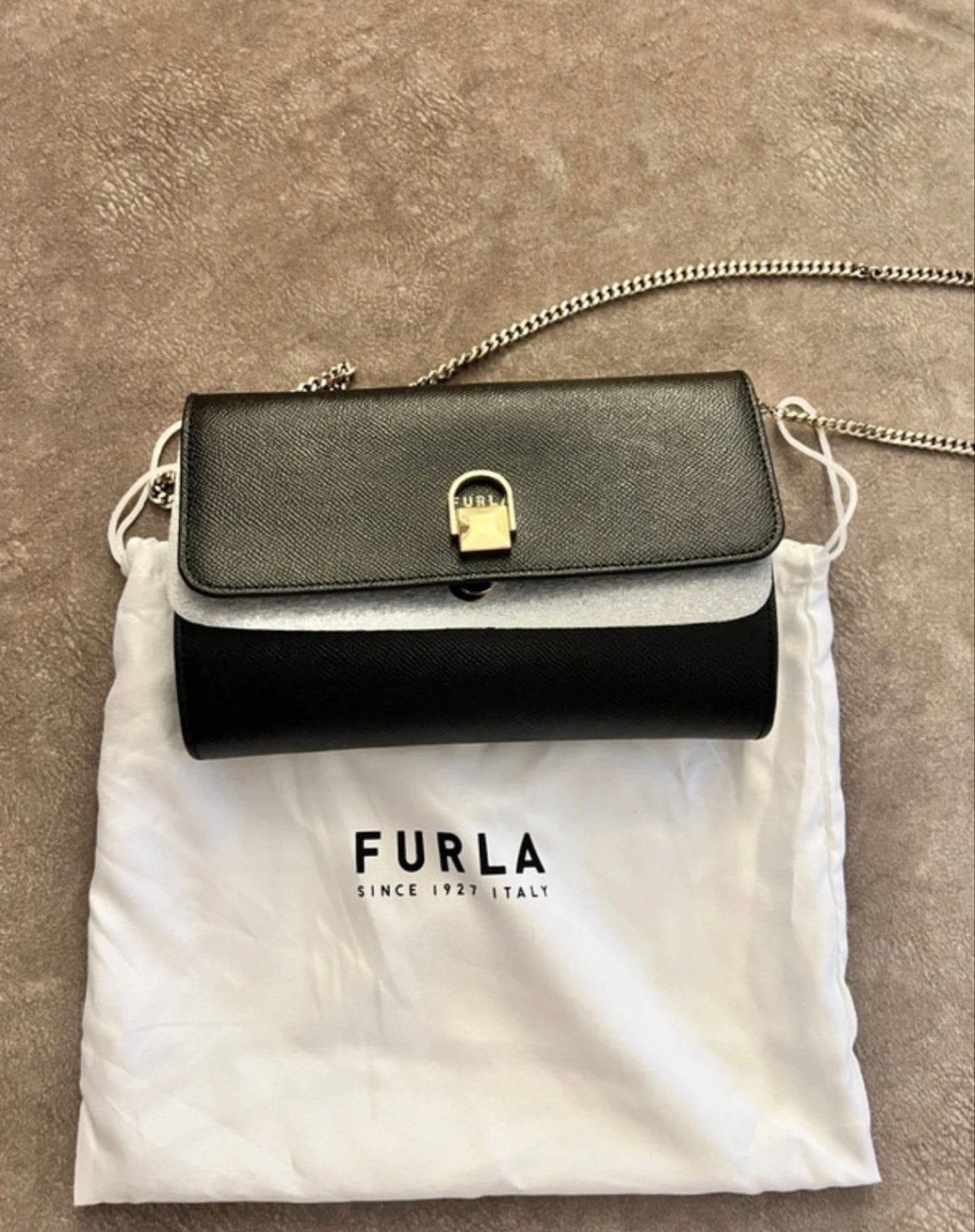 Furla wallet on chain zwart leer, met dustbag, Verzenden, Zo goed als nieuw, Zwart, Schoudertasje