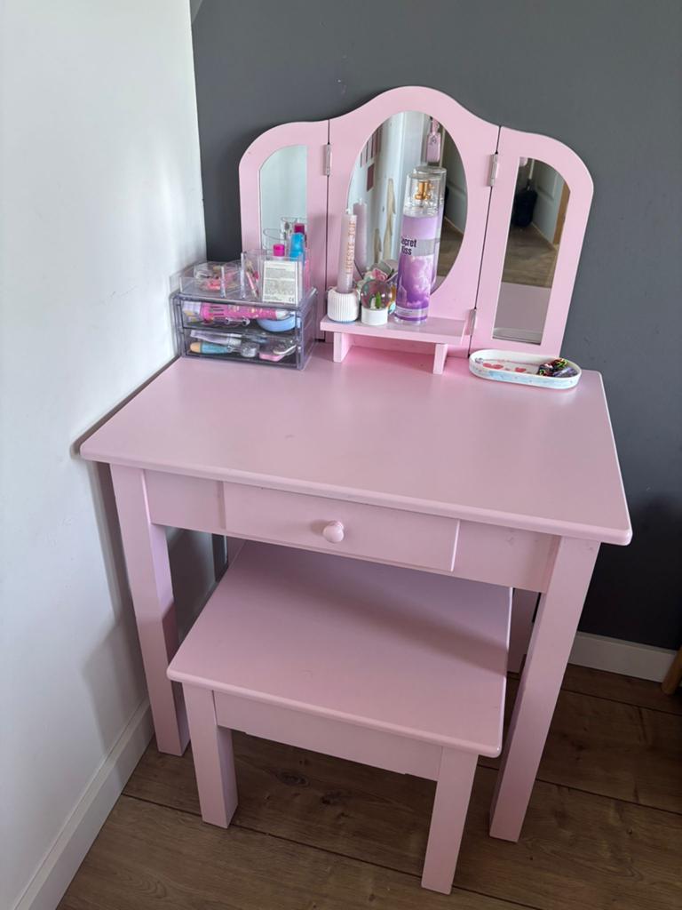 Roze kaptafel voor meisjes met krukje en spiegel, Ophalen, Minder dan 50 cm, Gebruikt, Minder dan 100 cm