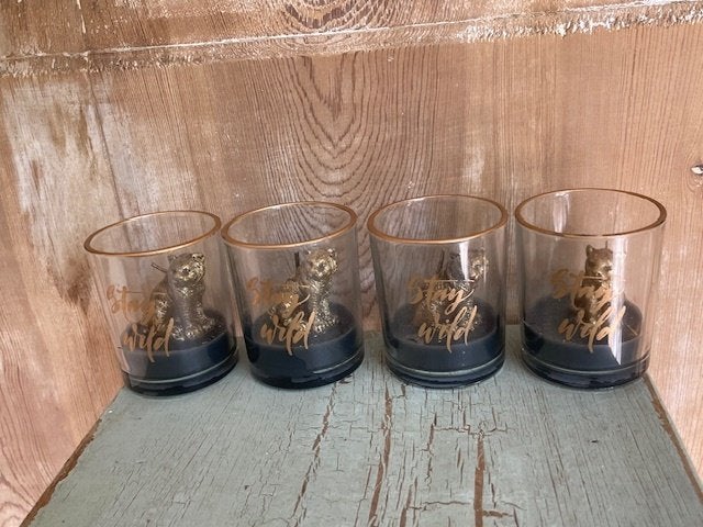 4 x kaars in glaasje. Cheetah / luipaard van goud. NIEUW., Ophalen, 8 cm, Nieuw, Glas