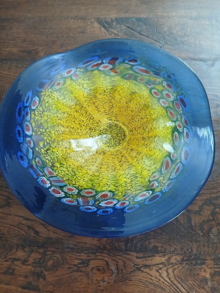 Decoratieve glazen schaal, Murano-stijl, blauw en geel, Antiek en Kunst, Glas, Meerkleurig, Ophalen of Verzenden, Schaal