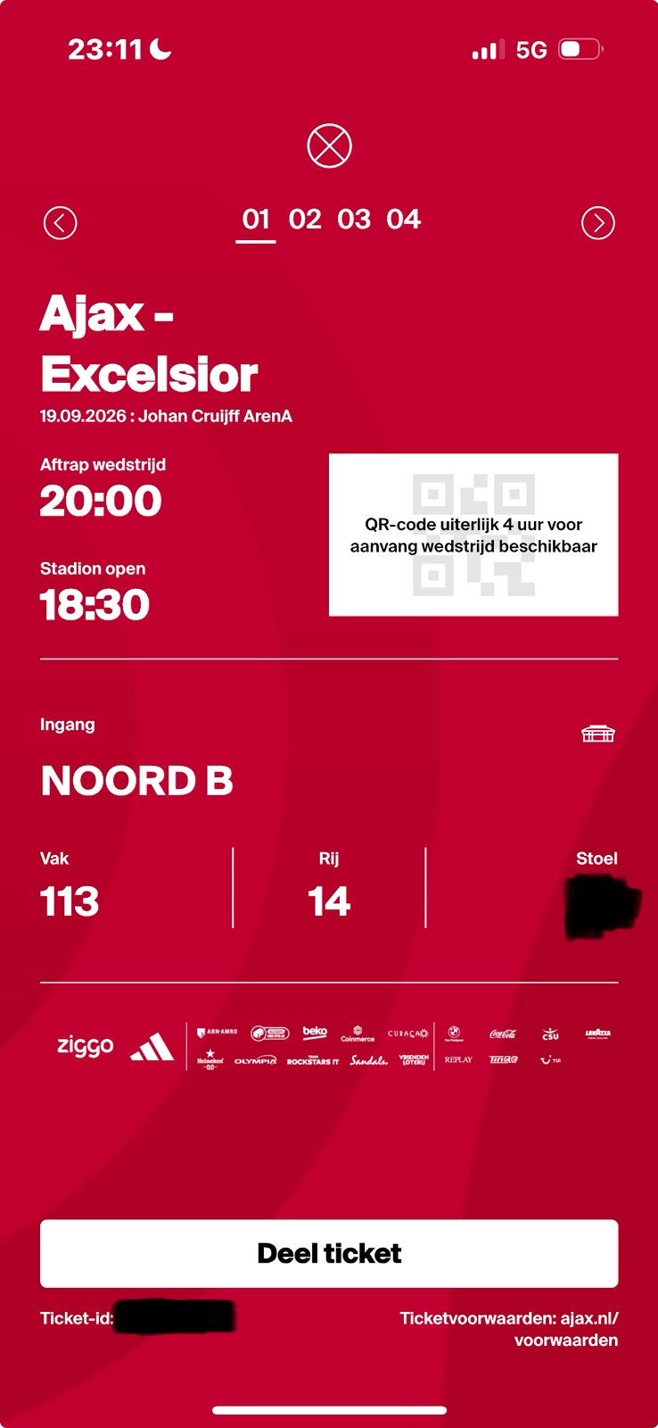 Losse kaart Ajax - Excelsior eerste ring vak 113, Tickets en Kaartjes, Eén persoon