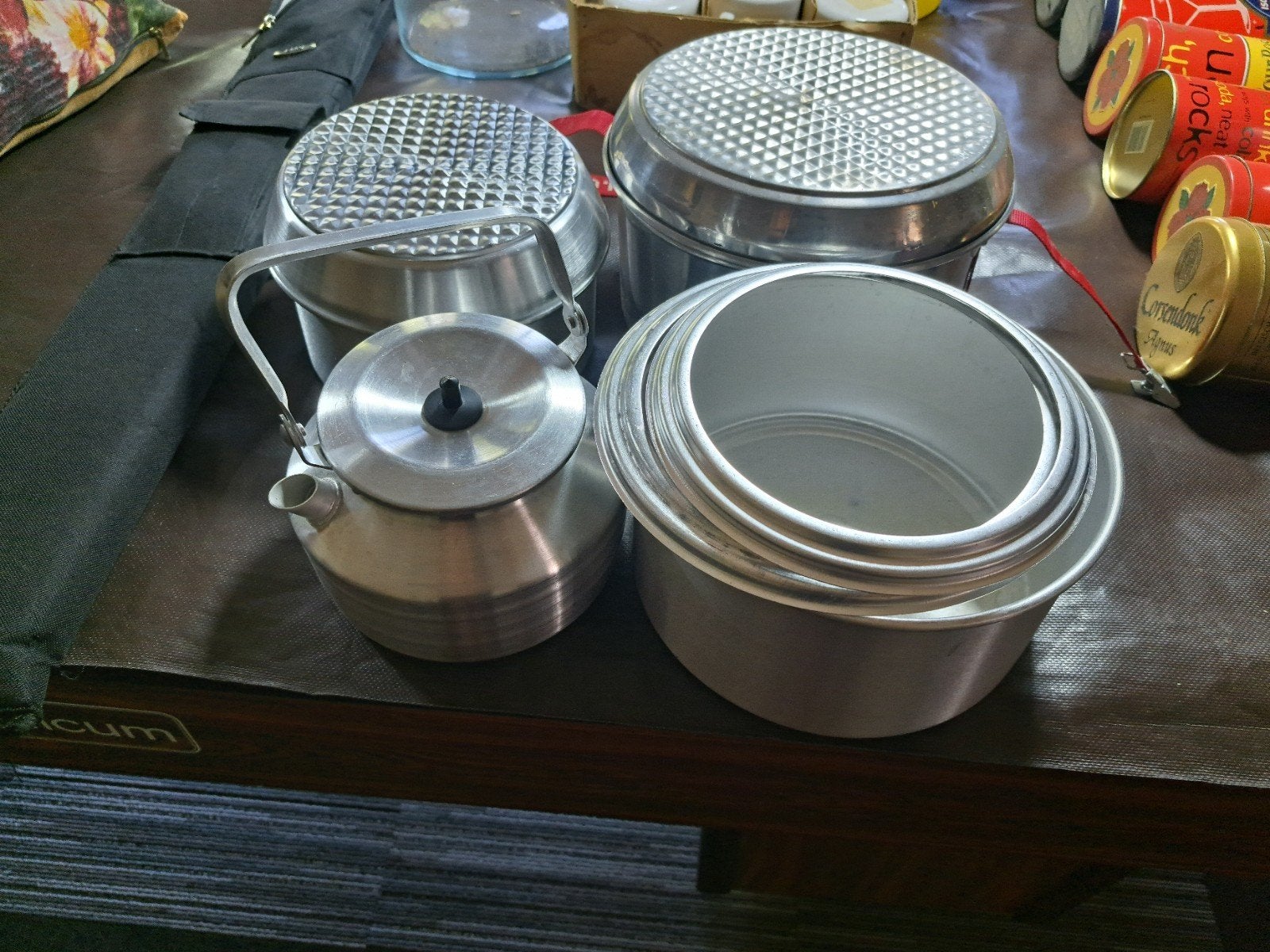 Vintage aluminium camping kookset met waterketel, Ophalen of Verzenden