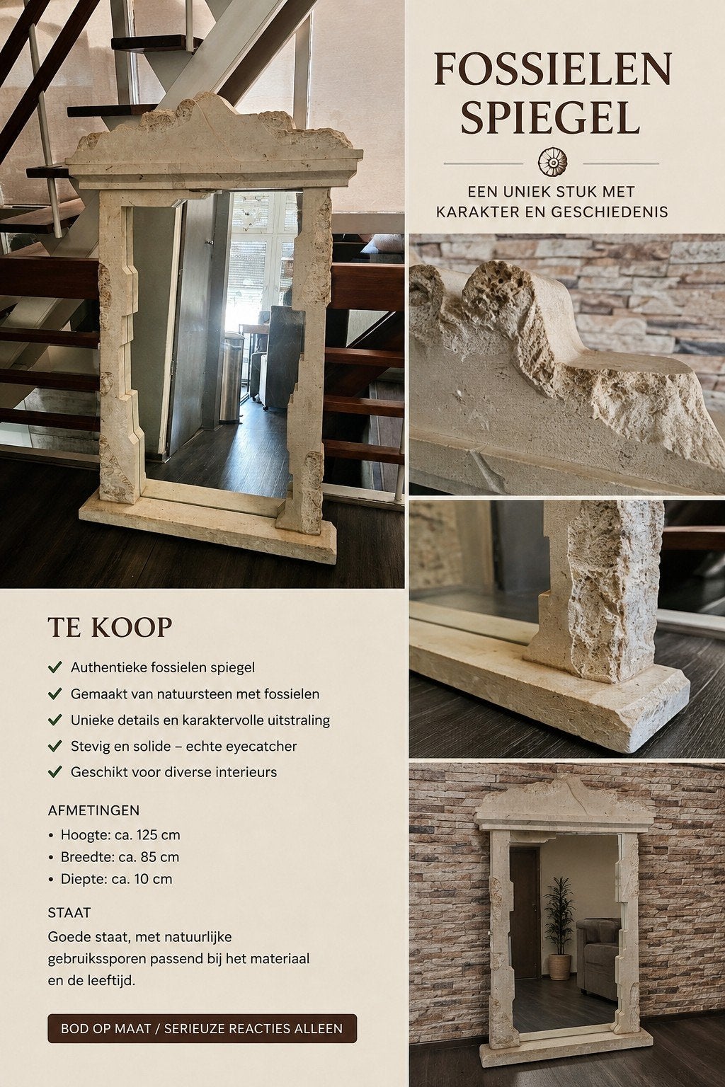 Te koop fossielen spiegel, Huis en Inrichting, Woonaccessoires | Spiegels, Ophalen, Rechthoekig, Minder dan 100 cm