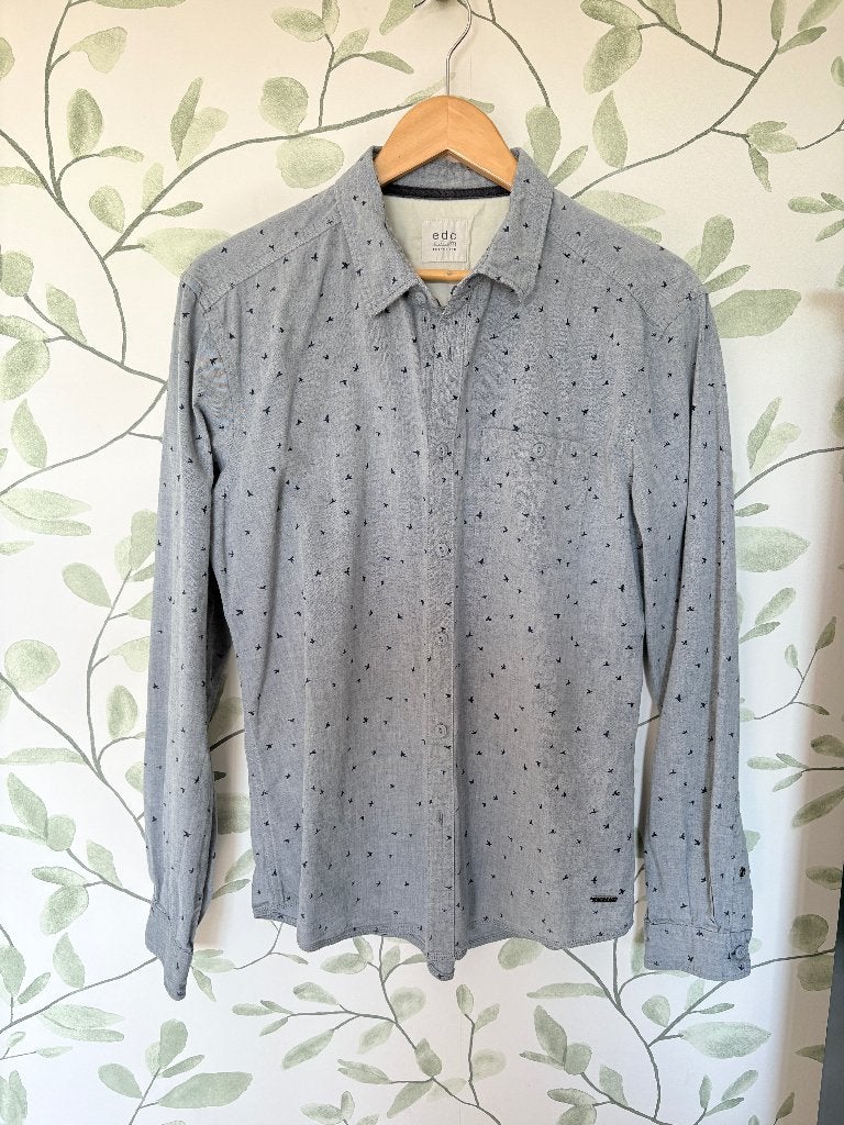 EDC blauw overhemd met vogeltjes large, Ophalen, EDC, Blauw, Zo goed als nieuw