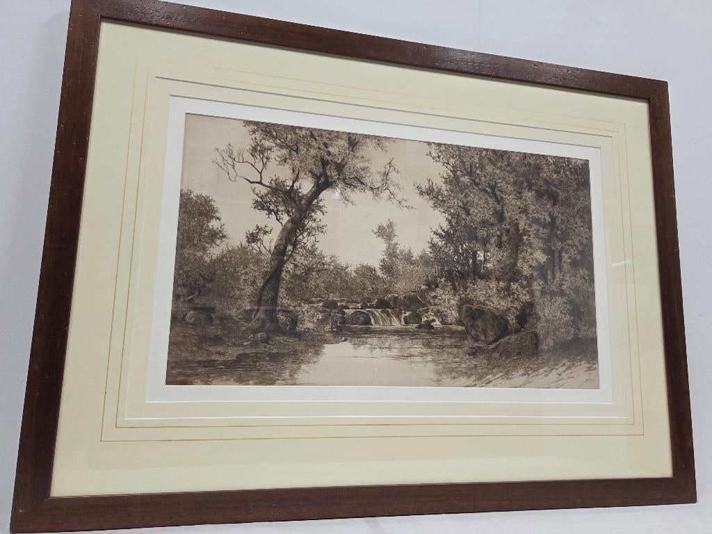 Ernest C. Rost - Waterval, Antiek en Kunst, Kunst | Etsen en Gravures, Ets, Gesigneerd, Ingelijst, Met passe-partout, Landschap