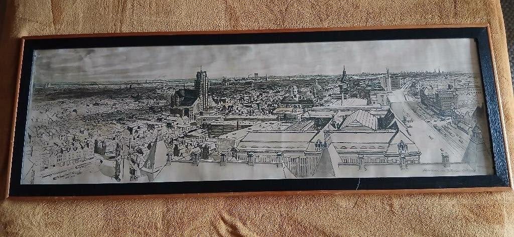Panorama van Rotterdam, april 1940 - Marius Richters, Ophalen, Gesigneerd, Landschappen, Lithografie