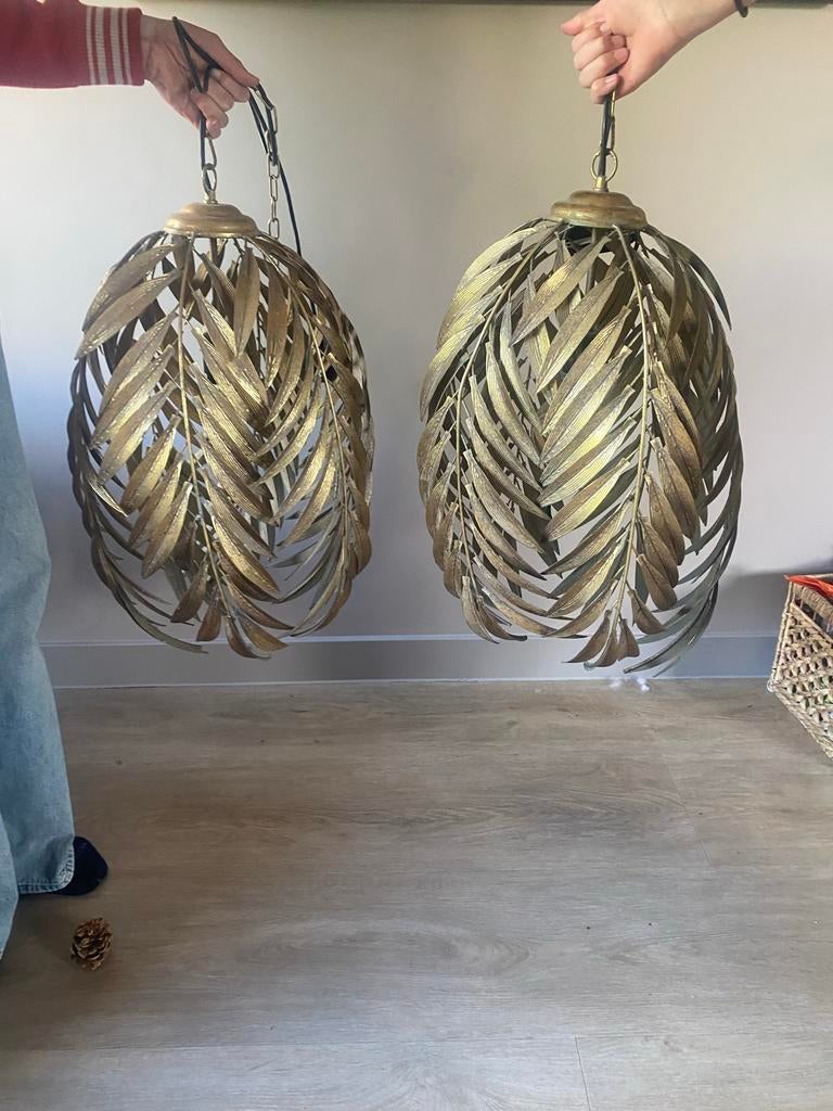 Set van 3 gouden palmblad hanglampen, Huis en Inrichting, Lampen | Hanglampen, Ophalen, Zo goed als nieuw, Metaal, 50 tot 75 cm