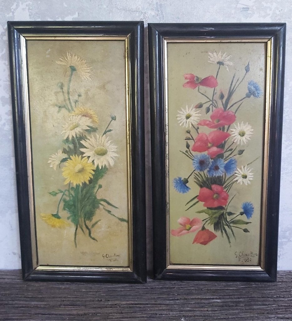 2 leuke vintage franse bloemen schilderijtjes op plaat 1950, Antiek en Kunst, Ophalen of Verzenden
