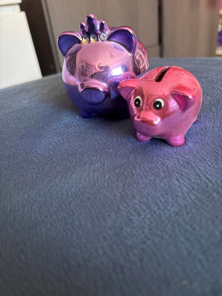 Set van 2 spaarvarkens: paars en roze, Ophalen of Verzenden, Gebruikt, Overige materialen, Dier