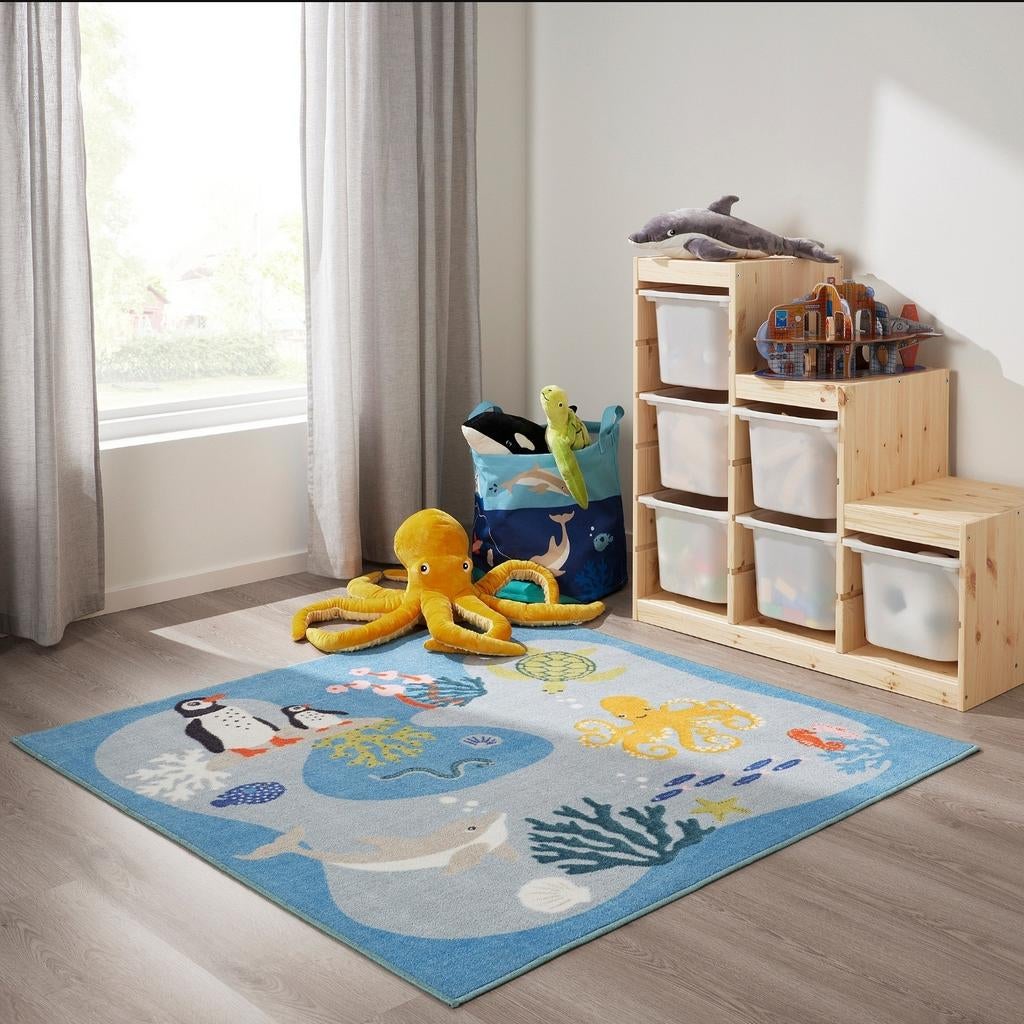 Ikea BLÅVINGAD vloerkleed met oceaan dieren, 133x133 cm, Ophalen of Verzenden