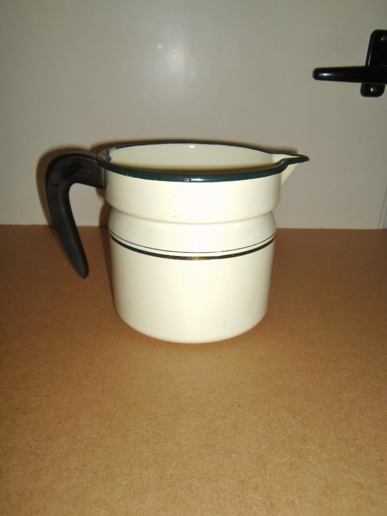 Oude emaille melkkoker,bakeliet,groene rand,zware kwali., Antiek en Kunst, Ophalen of Verzenden