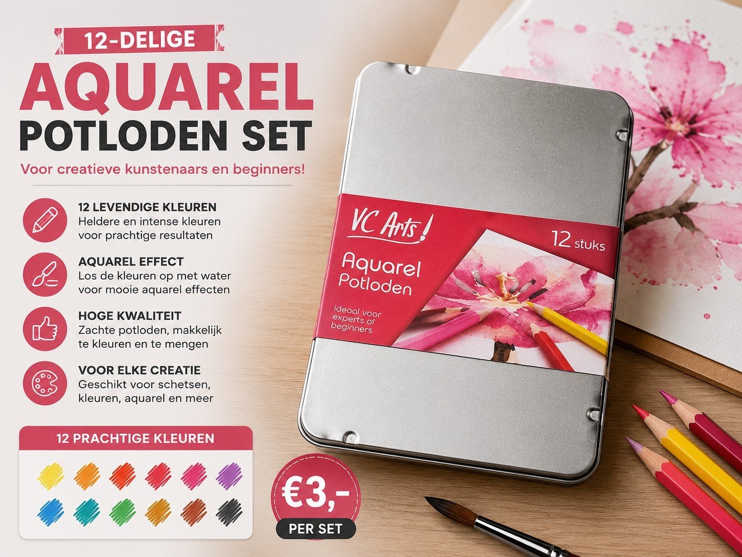 12-delige Aquarel Potloden Set - VC Arts!, Hobby en Vrije tijd, Schilderen, Ophalen of Verzenden