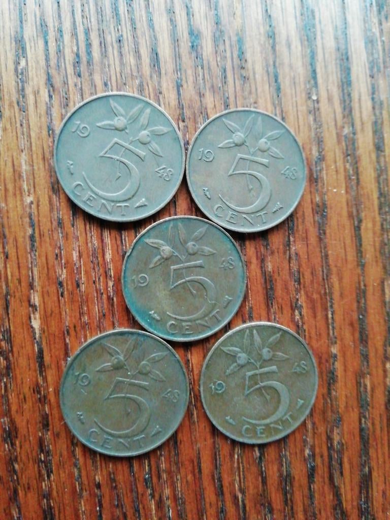 5 cent munten Koningin Wilhelmina 1948 (5 stuks), Ophalen of Verzenden