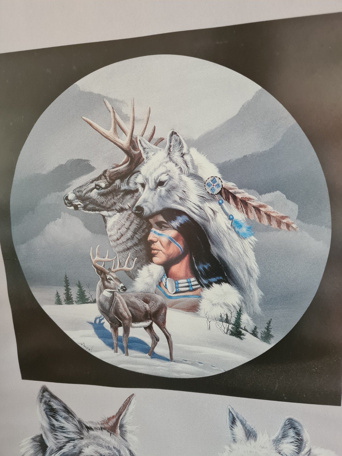 Ingelijste print: Indiaan, wolf, hert en adelaars, 50x40cm., Huis en Inrichting, Ophalen, 50 – 75, 50 tot 75 cm, Print