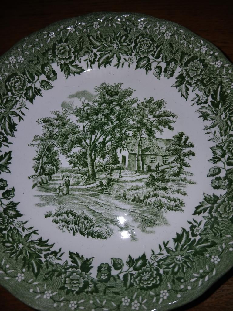 3 groen gedecoreerde diepe borden, diameter 19 1/2 cm, Ophalen