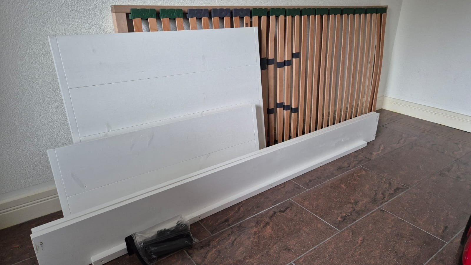 Bed van steigerhout met lattenbodem/matras van Green Jump, Ophalen, Eenpersoons, 90 cm