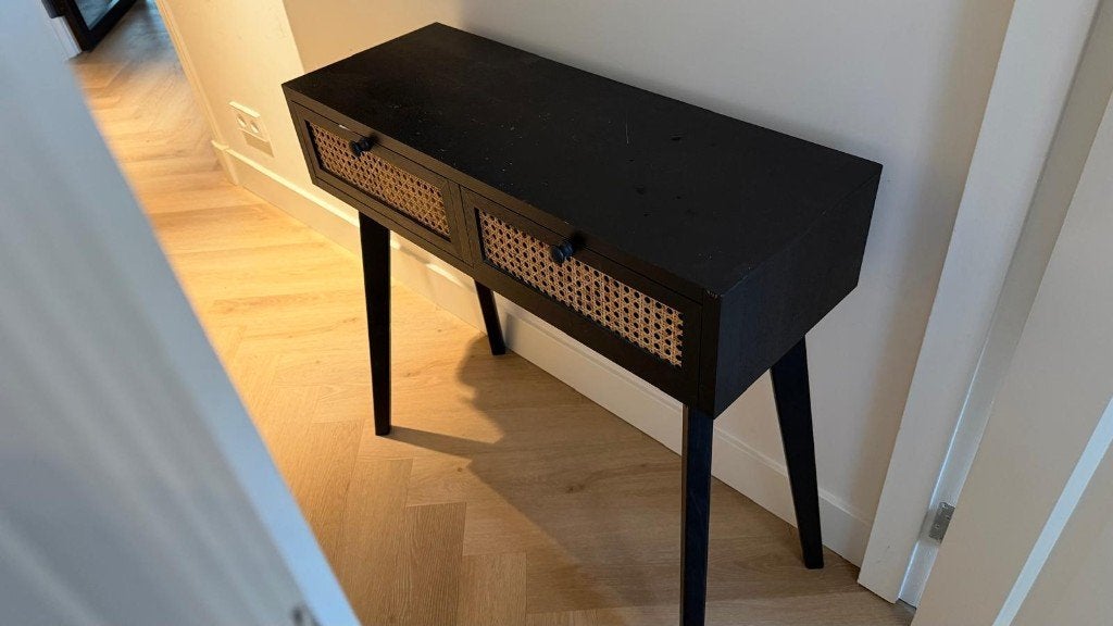Black Console Table with Rattan Drawers, Ophalen, Gebruikt, 50 tot 100 cm, Minder dan 100 cm
