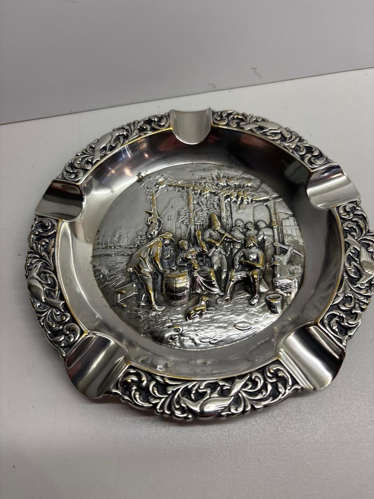 Vintage verzilverde Asbak met Reliëf Scène, Antiek en Kunst, Ophalen of Verzenden, Zilver