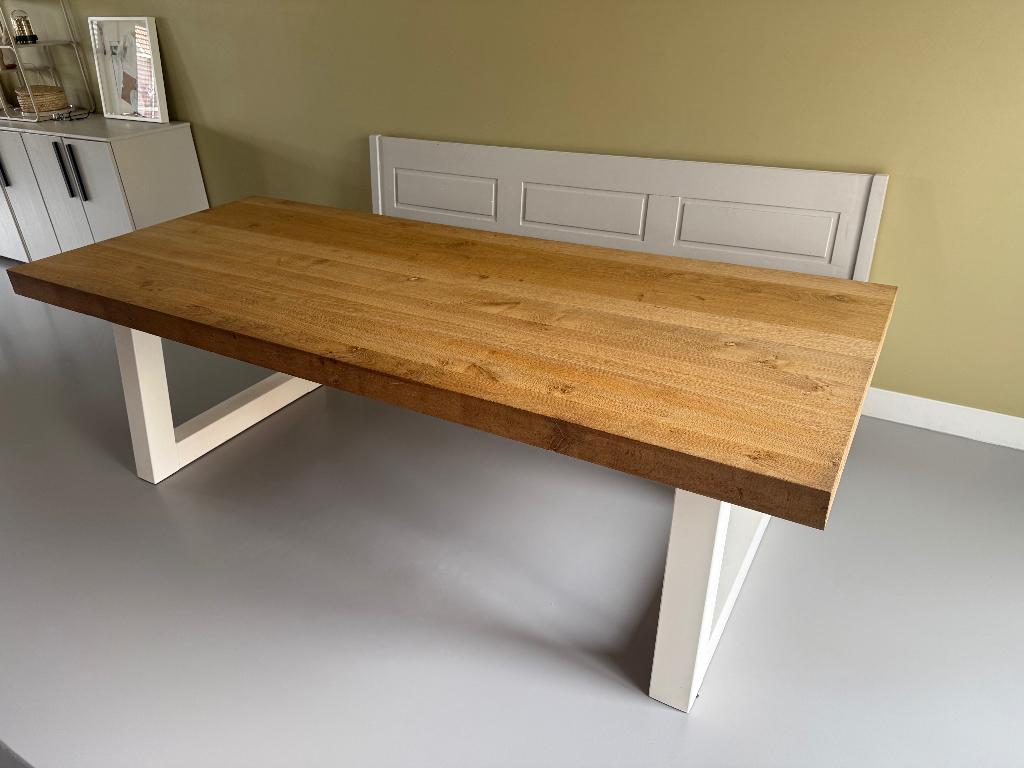 Eiken eettafel 240 bij 100 cm, Ophalen, Gebruikt, 100 tot 150 cm, 200 cm of meer