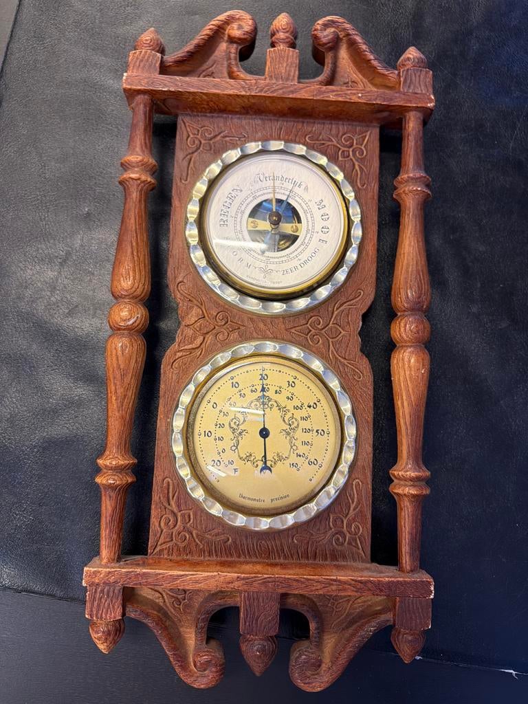 Antieke Barometer en Thermometer - Tissot Houten Weerstation, Ophalen, Gebruikt, Kringloop, Weerstation