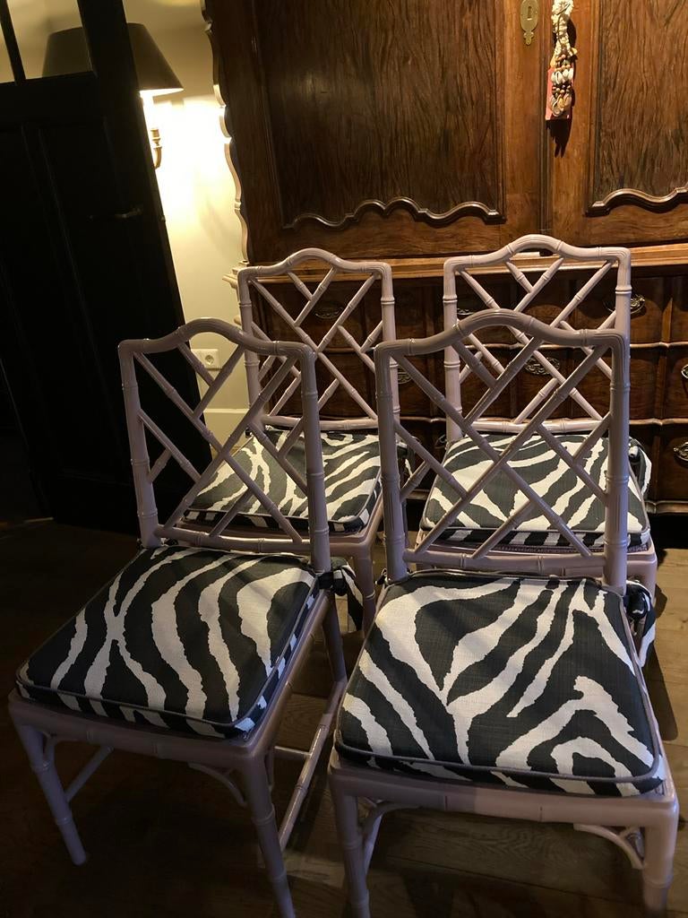 Faux bamboe Chippendale stoelen met zebraprint kussens, Huis en Inrichting, Ophalen, Gebruikt, Overige kleuren, Vier