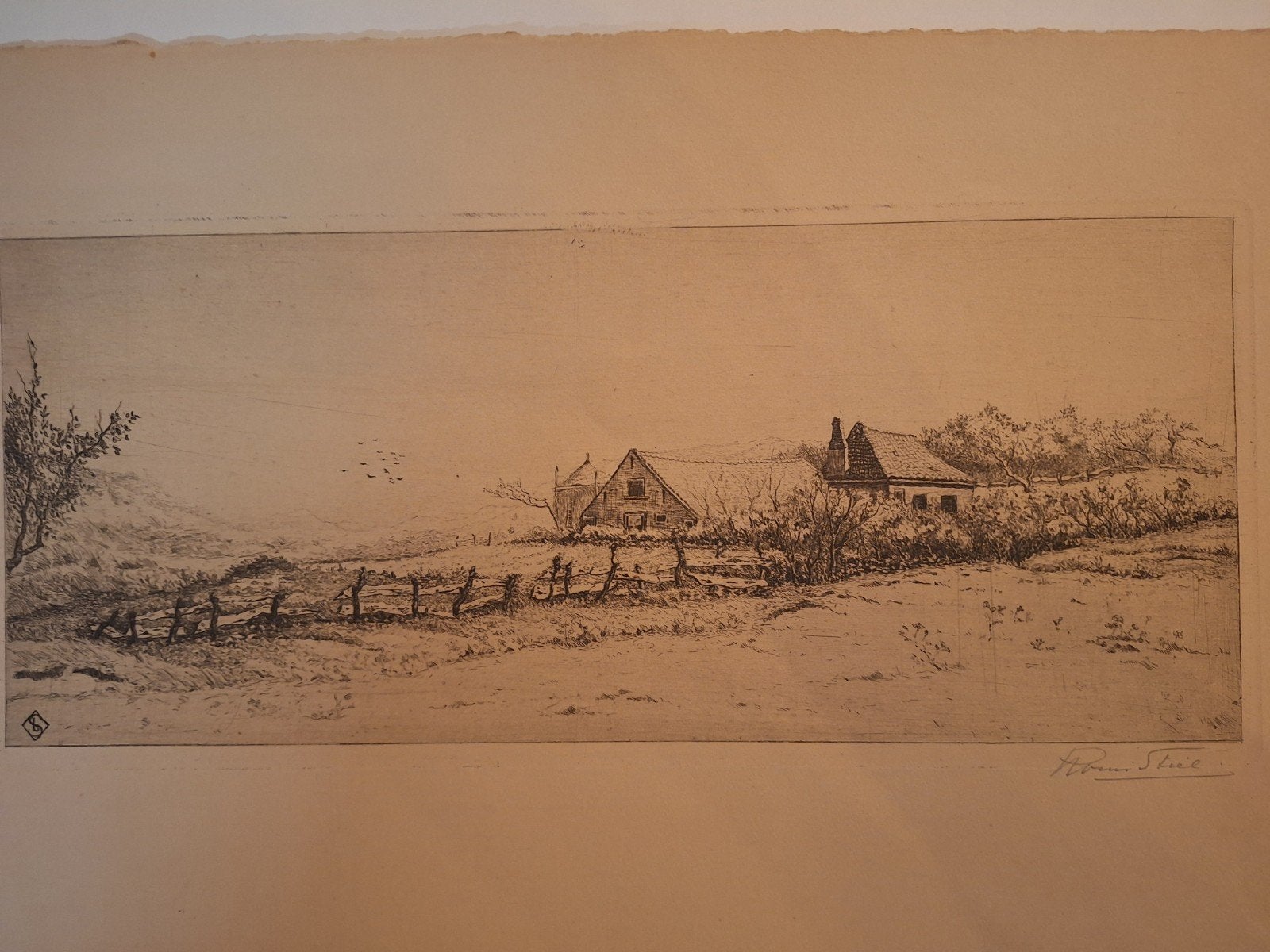 Ets Boerderij Louis Stiel, Ets, Ophalen of Verzenden, Landschap, Origineel