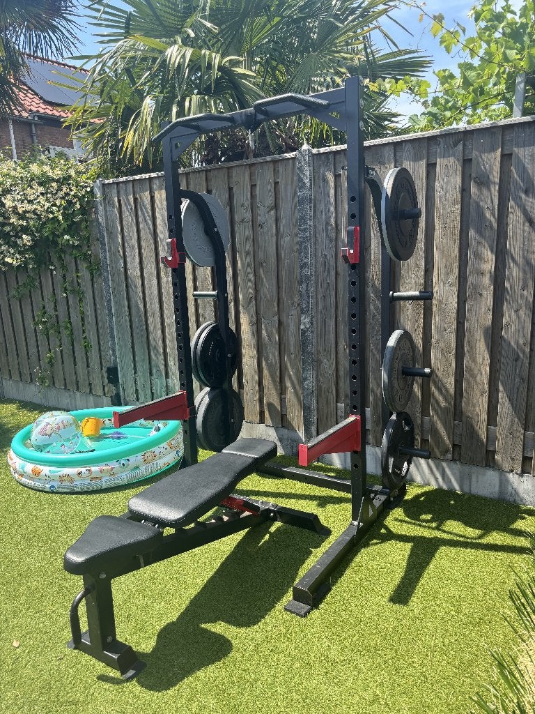 Pivot Fitness Squat Rack + Verstelbare Halterbank, Ophalen, Benen, Gebruikt, Krachtstation