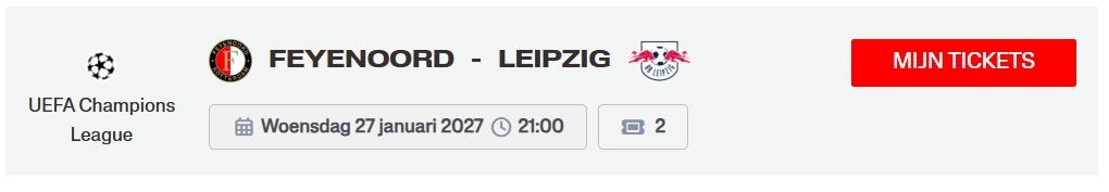 2 kaartjes Feyenoord-RB Leipzig, Losse kaart, Twee personen, Januari, Europa of Champions League