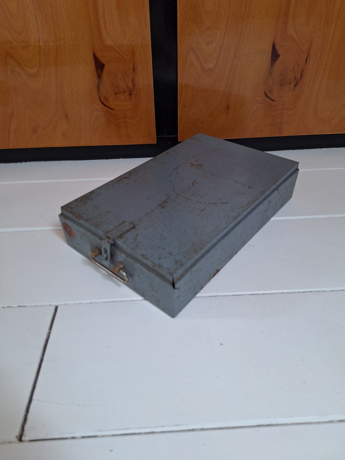 Vintage Martens kluis lade - Grijs Blauw Metaal, Ophalen of Verzenden, Gebruikt
