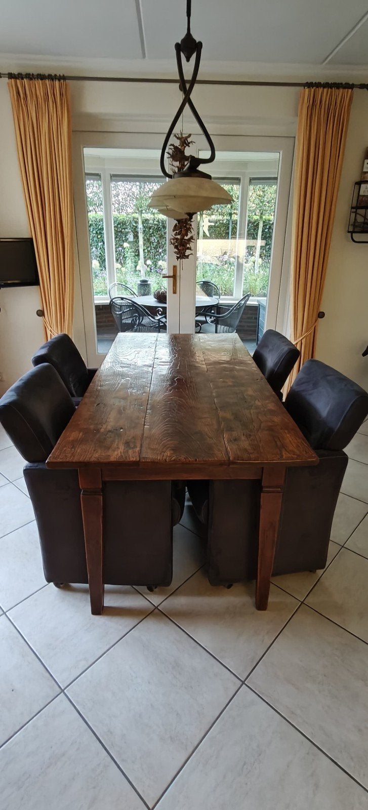 Teakhouten eethoek met 4 stoelen, Ophalen, Gebruikt, Teakhout, 50 tot 100 cm