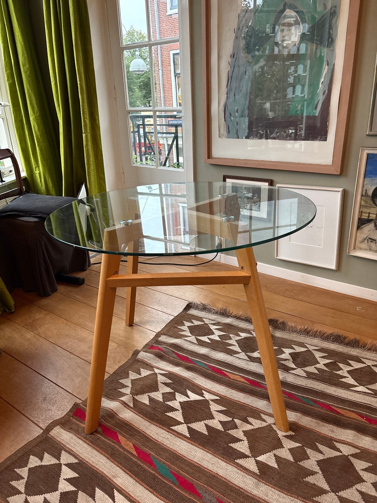 Glazen eettafel met houten onderstel, Ophalen, Gebruikt, Rond, Glas