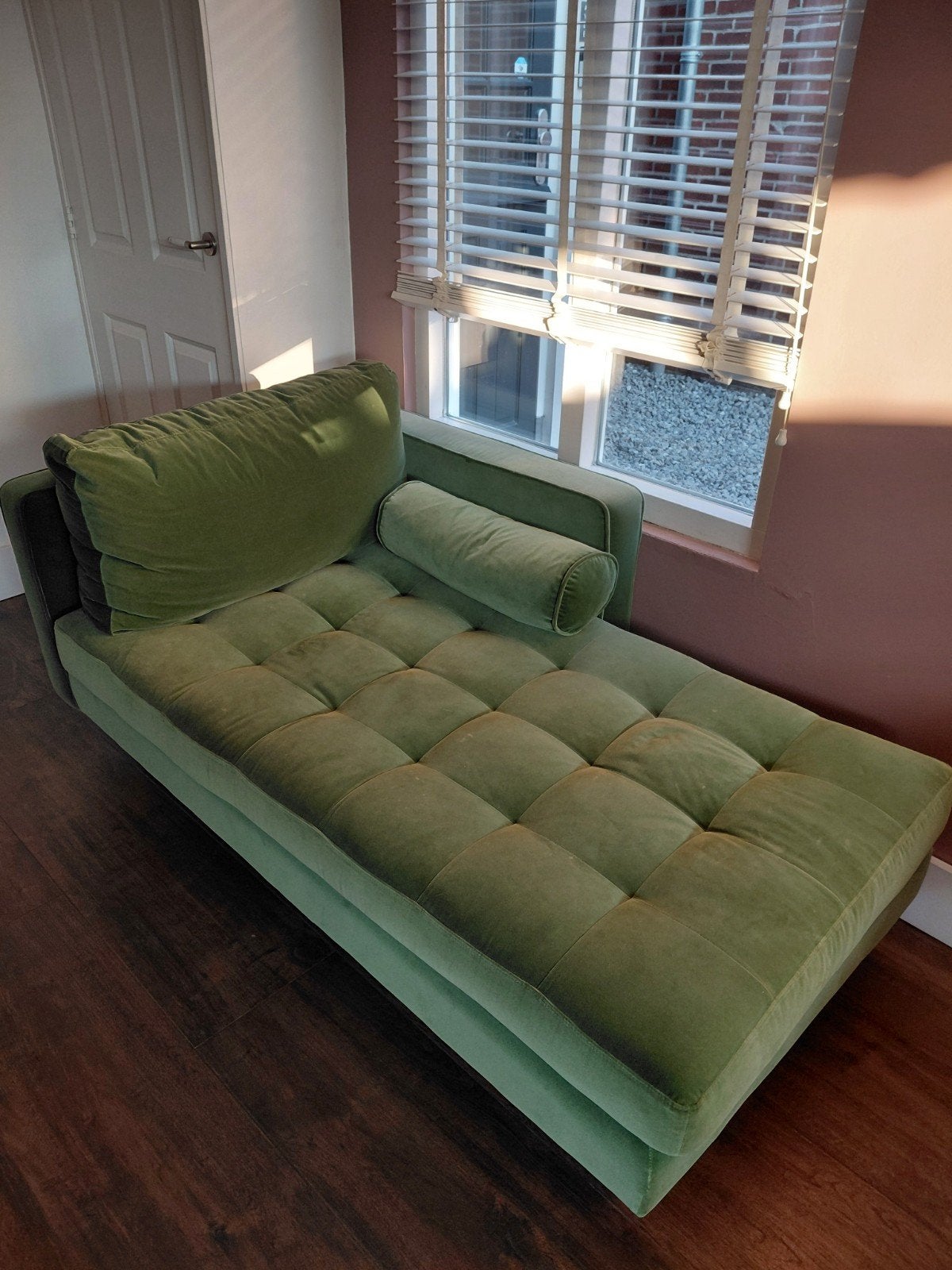 olijfgroene fluwelen chaise longue | Zo goed als nieuw, Ophalen, Eenpersoons, Zo goed als nieuw, Modern, comfortabel