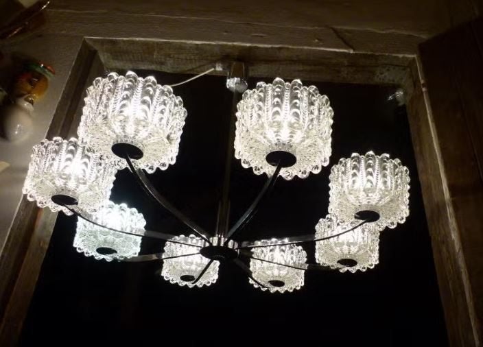 vintage designer kroonluchter Doria chrome-glas, Ophalen, E27 (groot), Zo goed als nieuw, Glas
