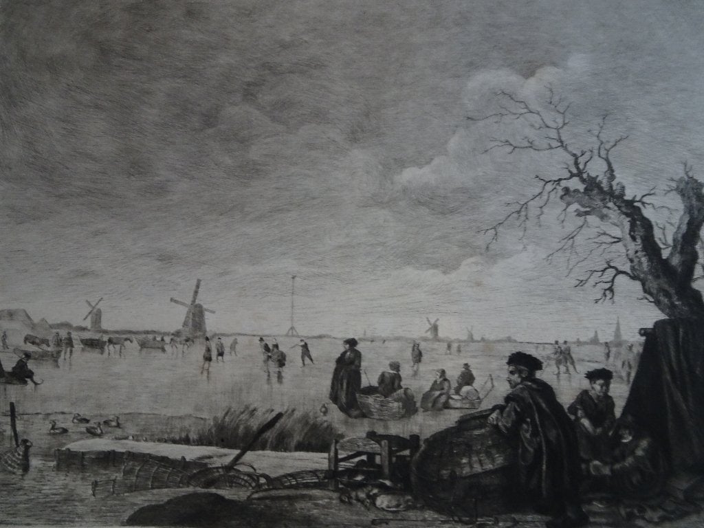 ets ijsvermaak, schaatsers en eenden jagers W. Steelink, Antiek en Kunst, Kunst | Etsen en Gravures, Dagelijks leven, 1800 - 1899
