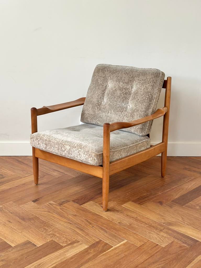 Vintage fauteuil Deens design hout stof jaren 50/60/70, Ophalen, 75 tot 100 cm, Stof, 50 tot 75 cm