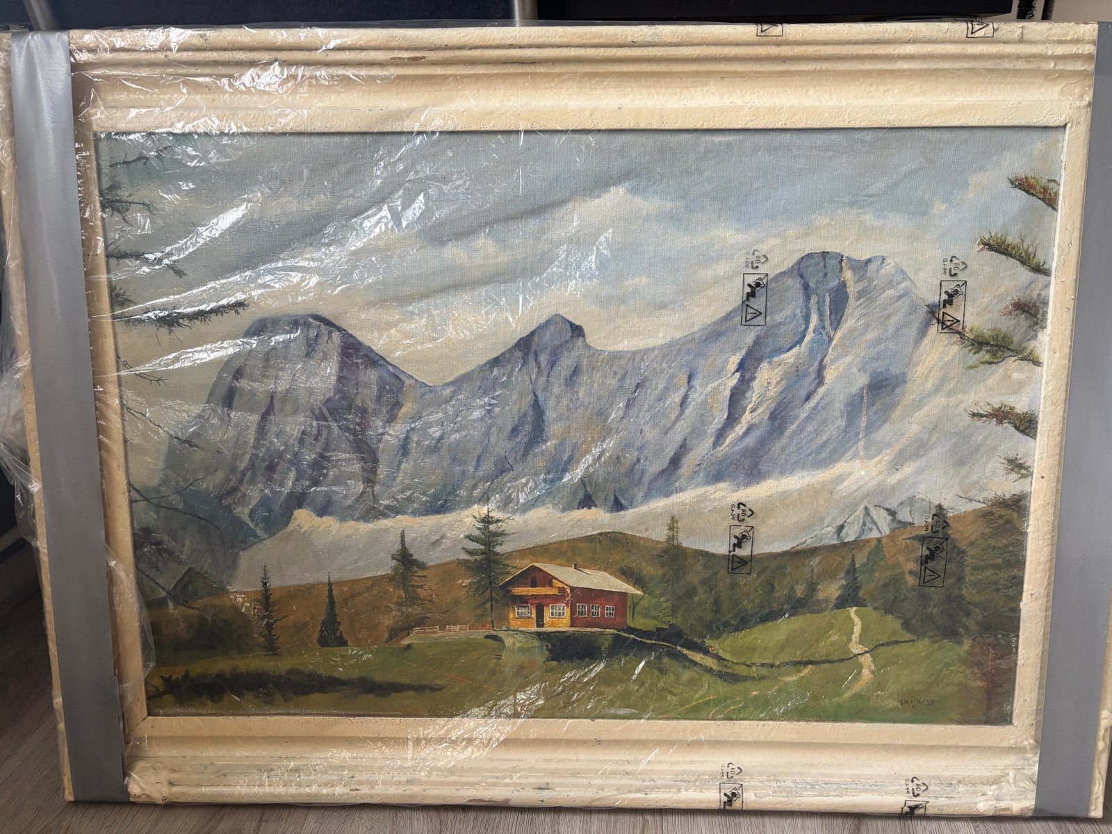 Schilderij berglandschap met huisje, gesigneerd V.A.IJK '63, Ophalen, Gedateerd, Doek, Realistisch
