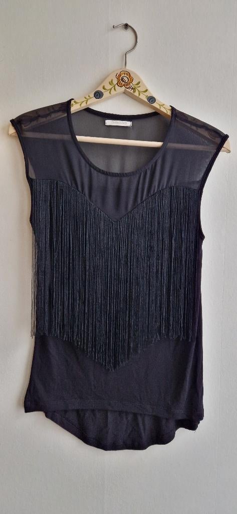 Zwarte feestelijke top met franjes en mesh, Zwart, Ophalen of Verzenden, Zo goed als nieuw, Pieces