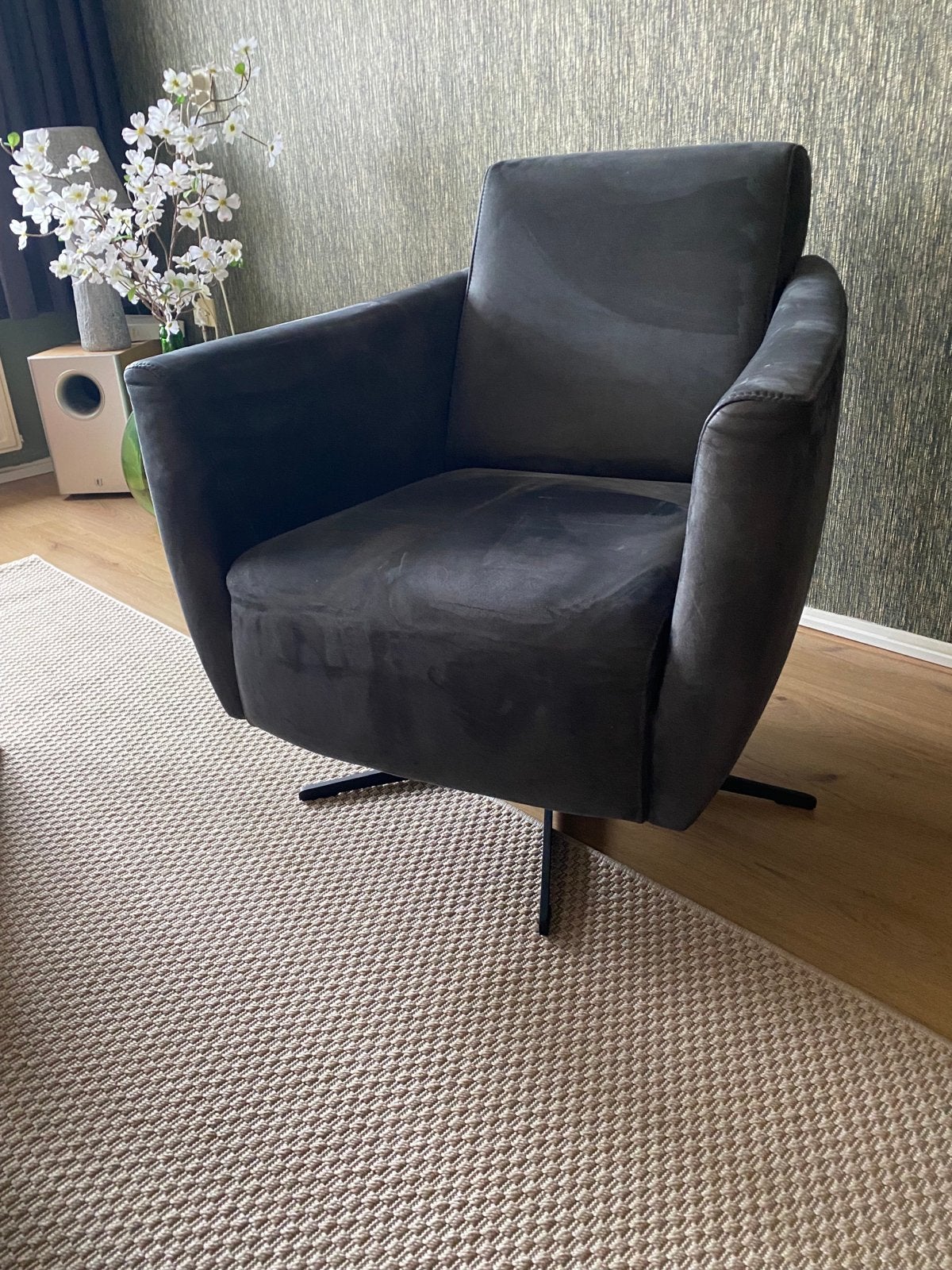 Comfortabele draaibare fauteuil, antracietkleurig, Huis en Inrichting, Ophalen, Zo goed als nieuw, Stof, 75 tot 100 cm